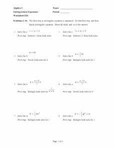 Literal Equations Worksheet Algebra 1 Luxury solving Literal Equations Worksheet Se4 Worksheet for 9th