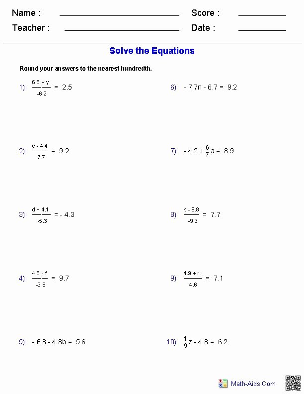 Literal Equations Worksheet Algebra 1 Luxury Two Step Equations Worksheets Containing Decimals