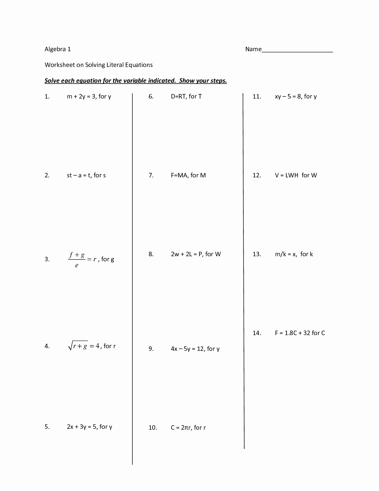 Literal Equations Worksheet Algebra 1 Unique 13 Best Of Literal Equations Worksheet Algebra 2