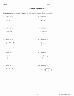Literal Equations Worksheet Answer Elegant Literal Equations Grade 9 Free Printable Tests and