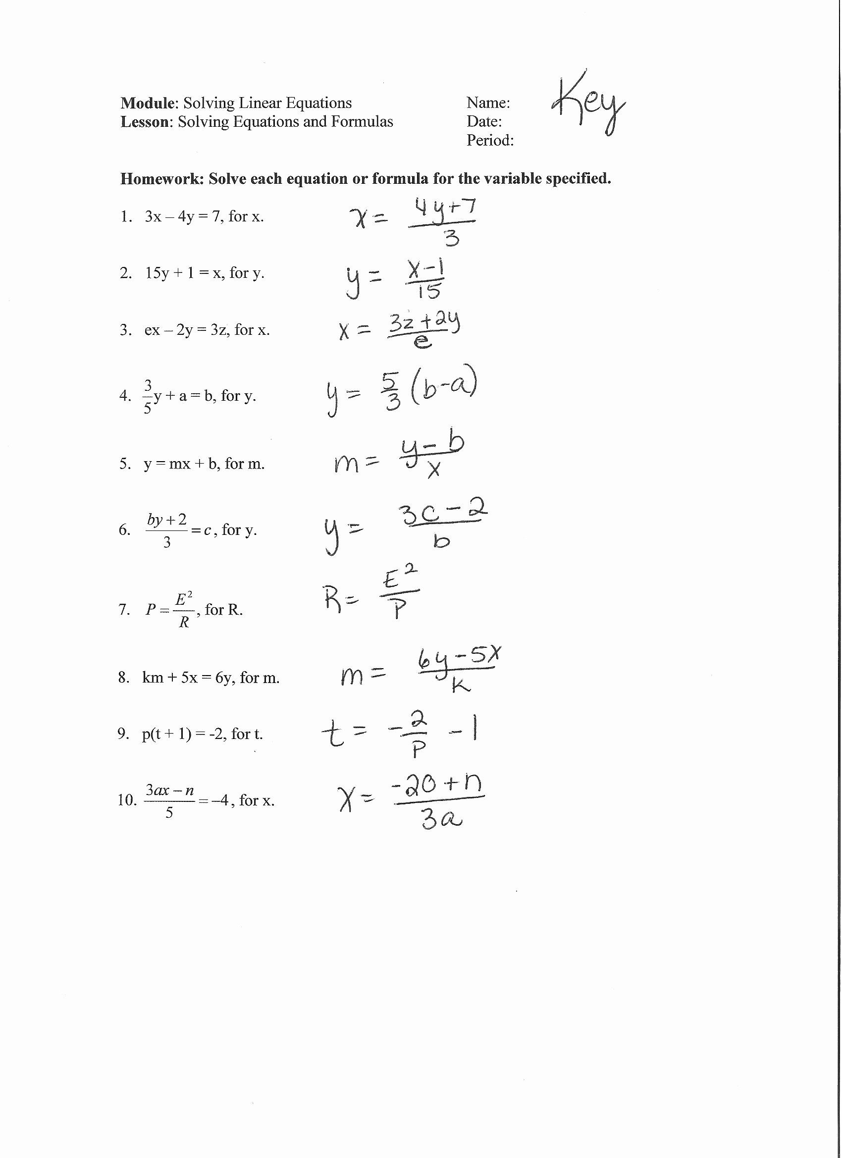 50 Literal Equations Worksheet Answer Key