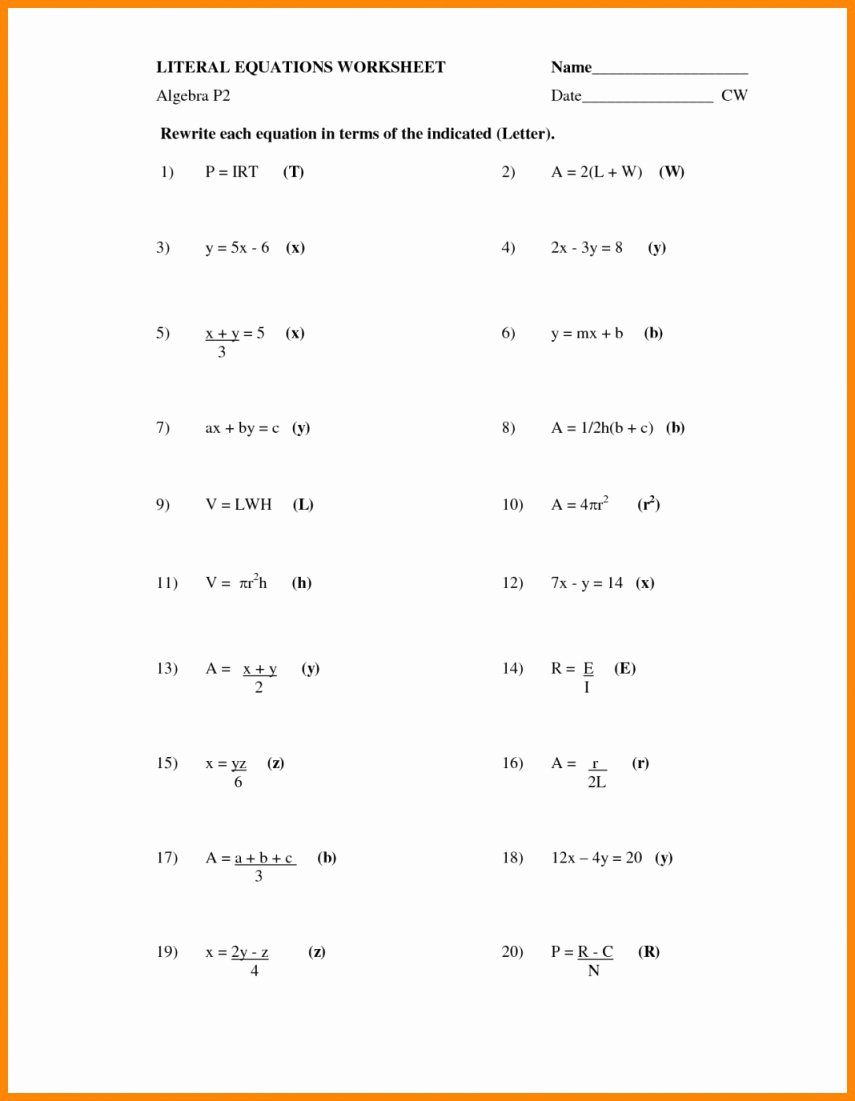 Literal Equations Worksheet Answer Key Fresh Literal Equations Worksheet