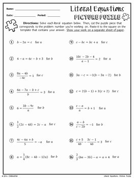 Literal Equations Worksheet Answer New Literal Equations Picture Puzzle by Chilimath Algebra