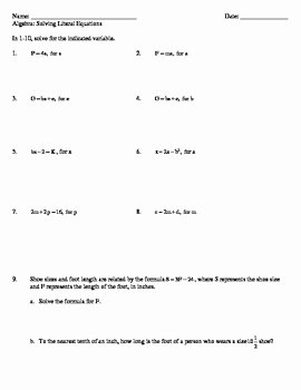 Literal Equations Worksheet Answer New solving Literal Equations Worksheet by Mon Sense 4 the