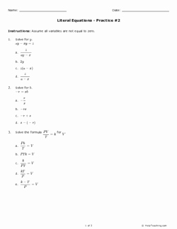 Literal Equations Worksheet Answers Lovely Literal Equations Practice 2 Grade 9 Free Printable