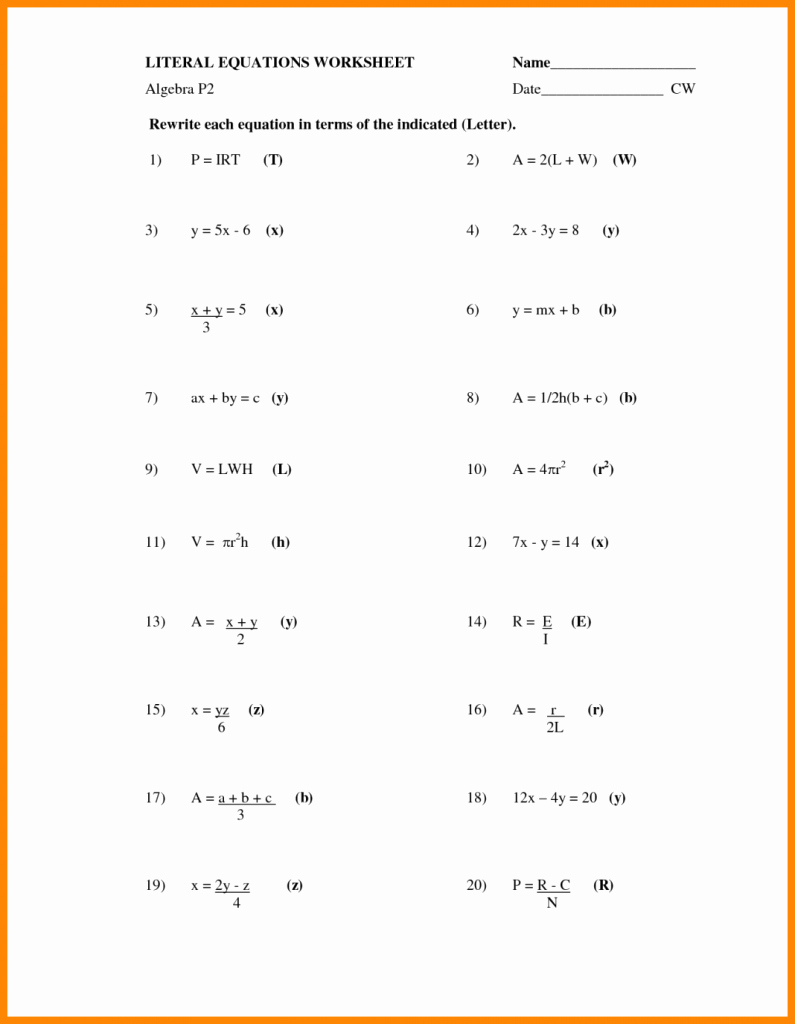 Literal Equations Worksheet Answers Unique Literal Equations Worksheet – Algebra