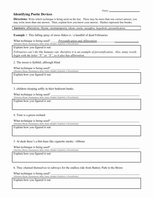 Literary Devices Worksheet Pdf Best Of Identifying Poetic Devices Worksheet Pdf Ereadingworksheets