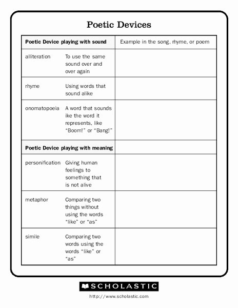 Literary Devices Worksheet Pdf Elegant Poetic Devices Graphic organizer for 6th 10th Grade