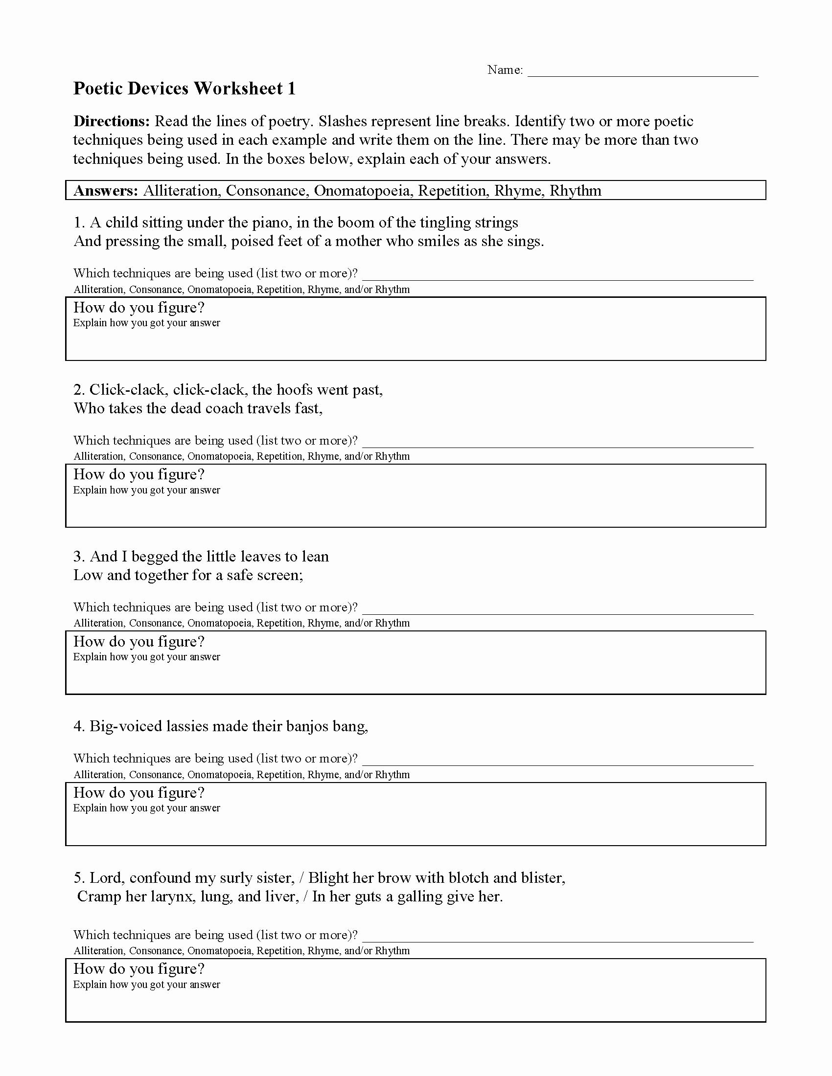 Literary Devices Worksheet Pdf Inspirational Poetic Devices Worksheet 1