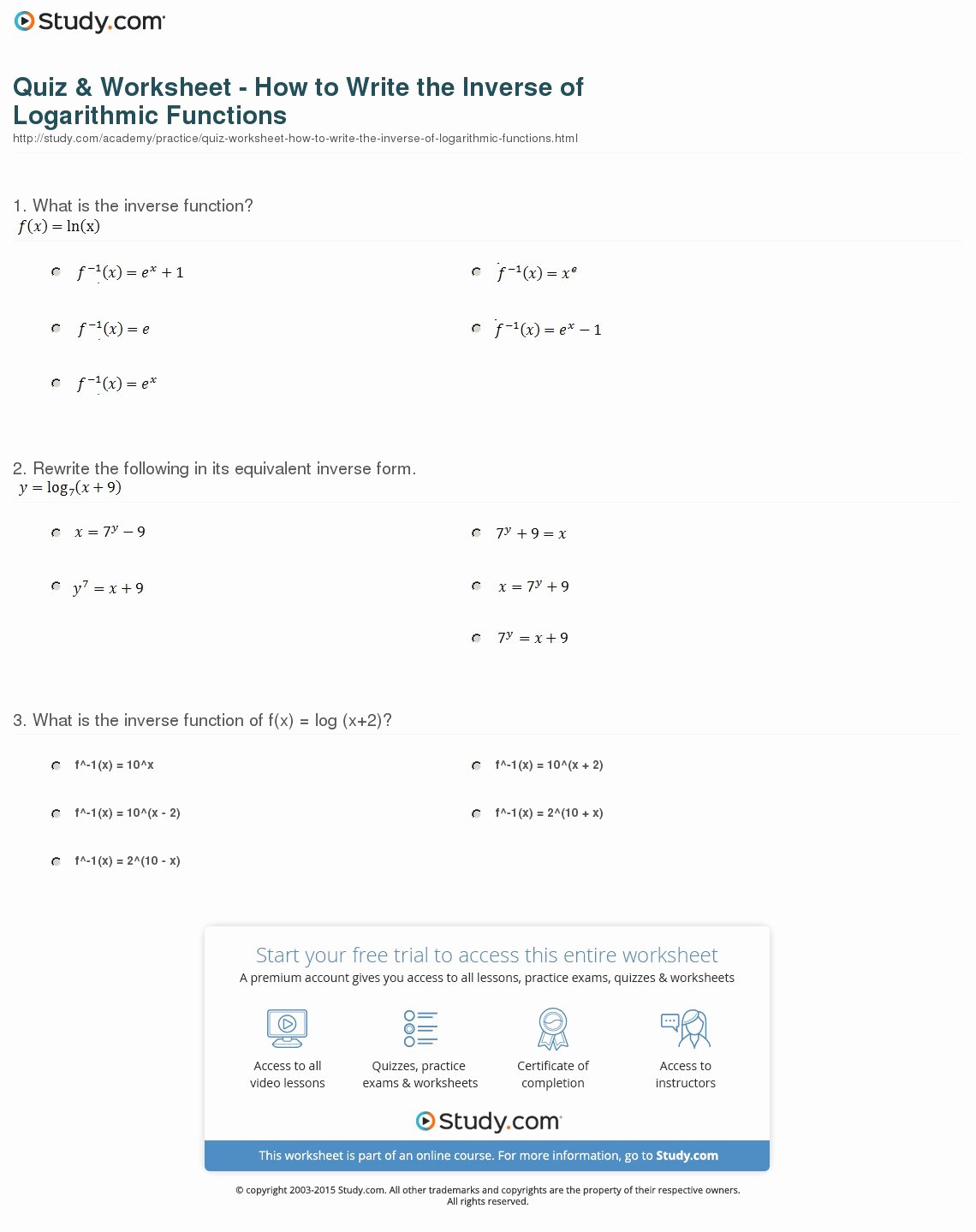 Logarithm Worksheet with Answers Elegant Quiz &amp; Worksheet How to Write the Inverse Of Logarithmic