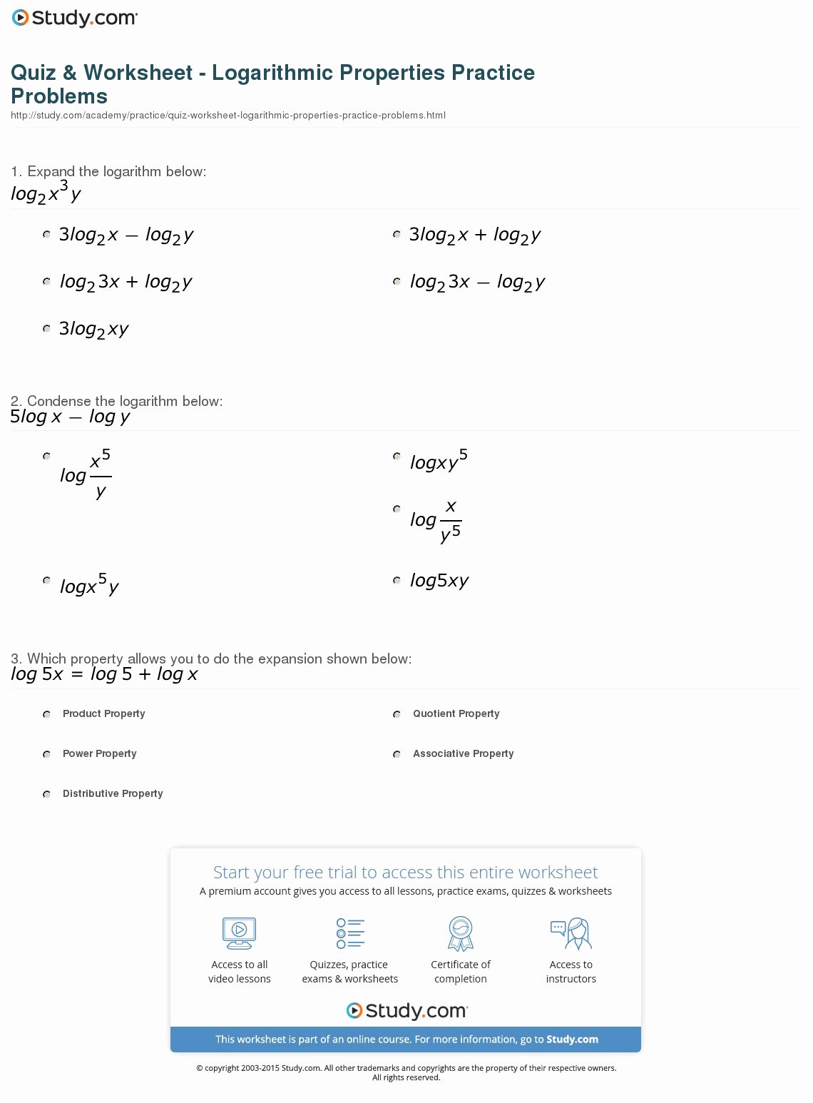 50 Logarithm Worksheet With Answers