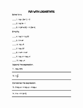 Logarithmic Equations Worksheet with Answers Best Of Fun with Logarithms Worksheet or Quiz by Teaching High
