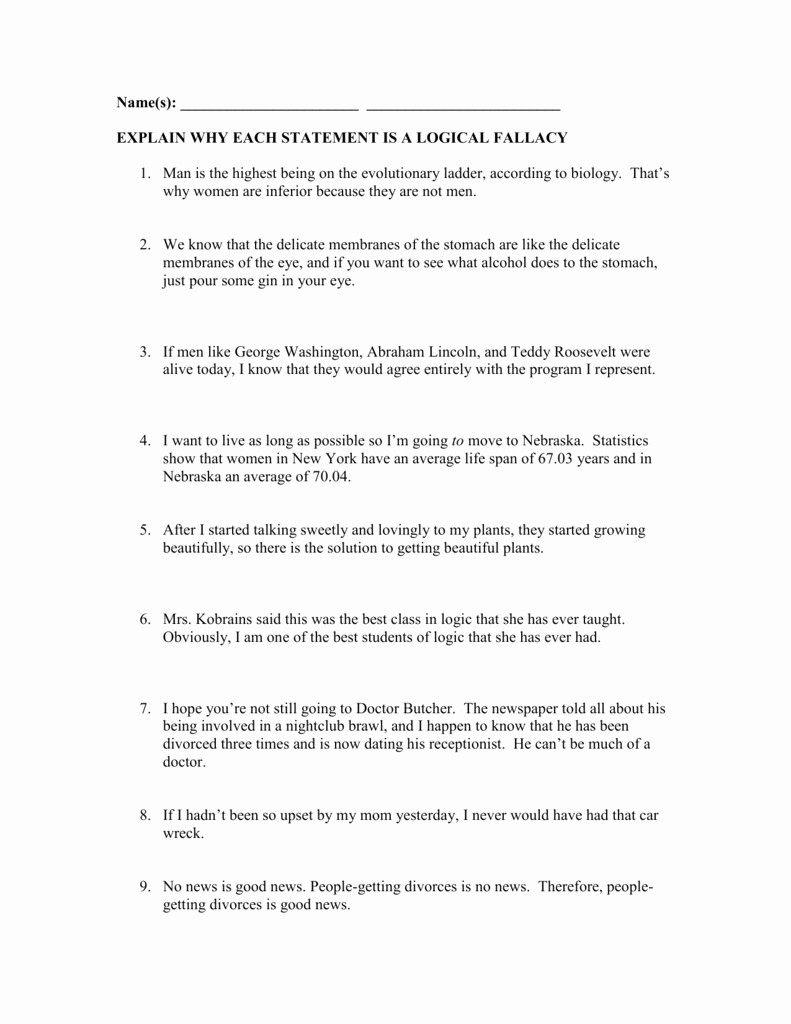 Logical Fallacies Worksheet with Answers Awesome Fallacies Worksheet 1