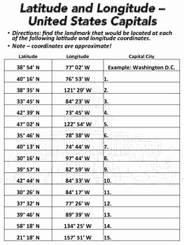 Longitude and Latitude Worksheet Fresh Latitude and Longitude Worksheet U S Capitals