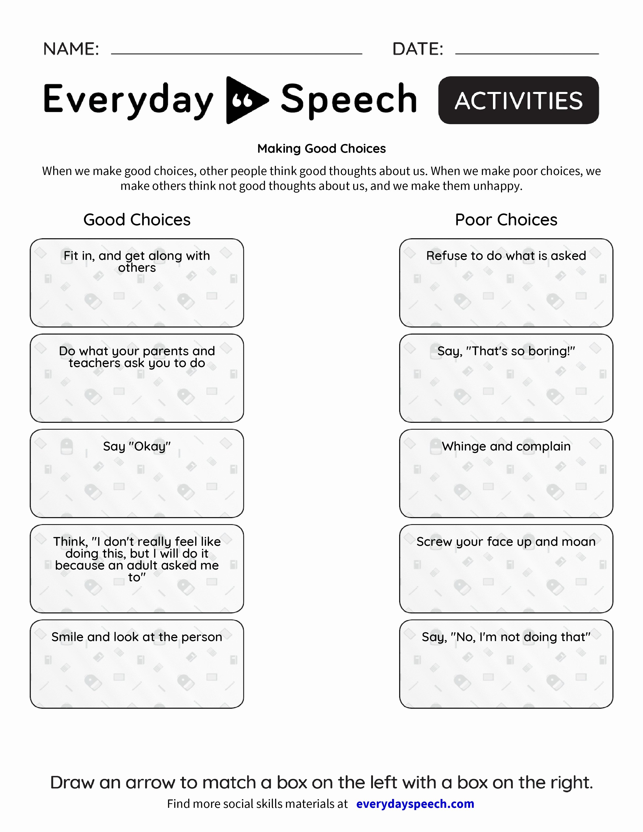 Making Good Choices Worksheet Elegant Making Good Choices Everyday Speech Everyday Speech