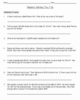 Markup and Discount Worksheet Lovely Discount Markup Tax &amp; Tip Notes Practice and