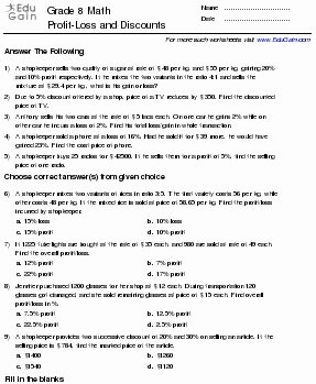 Markup and Discount Worksheet New Grade 8 Math Worksheets and Problems Profit Loss and