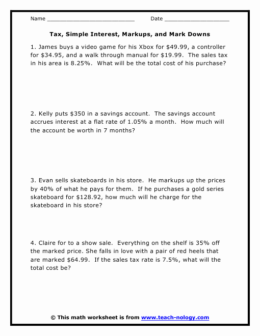Markup and Discount Worksheet Unique Tax Simple Interest Markups and Mark Downs