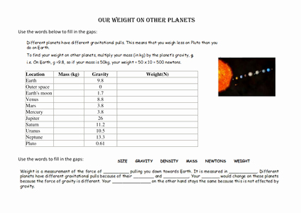 Mass and Weight Worksheet Fresh Mass and Weight On Other Planets by Ameliepira Uk