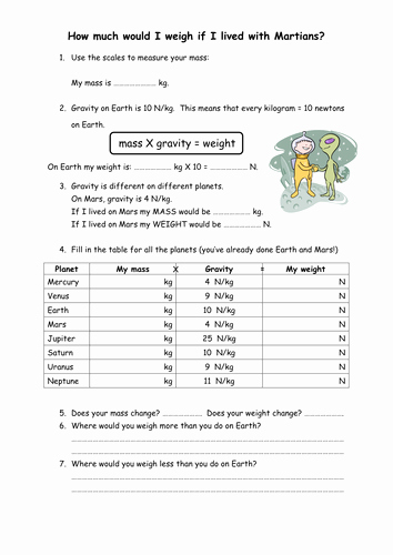 Mass and Weight Worksheet Fresh Weight and Mass On Different Planets by Dazayling Uk