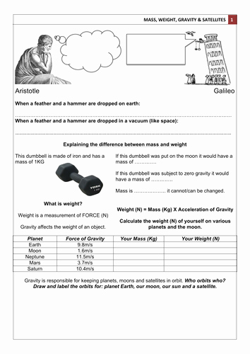 Mass and Weight Worksheet Inspirational Year 8 Space Mass Gravity Weight &amp; Satellites by