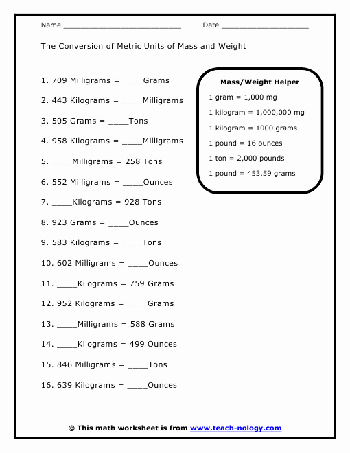 Mass and Weight Worksheet Lovely the Conversion Of Metric Units Of Mass and Weight