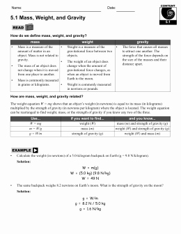 Mass and Weight Worksheet New Answer