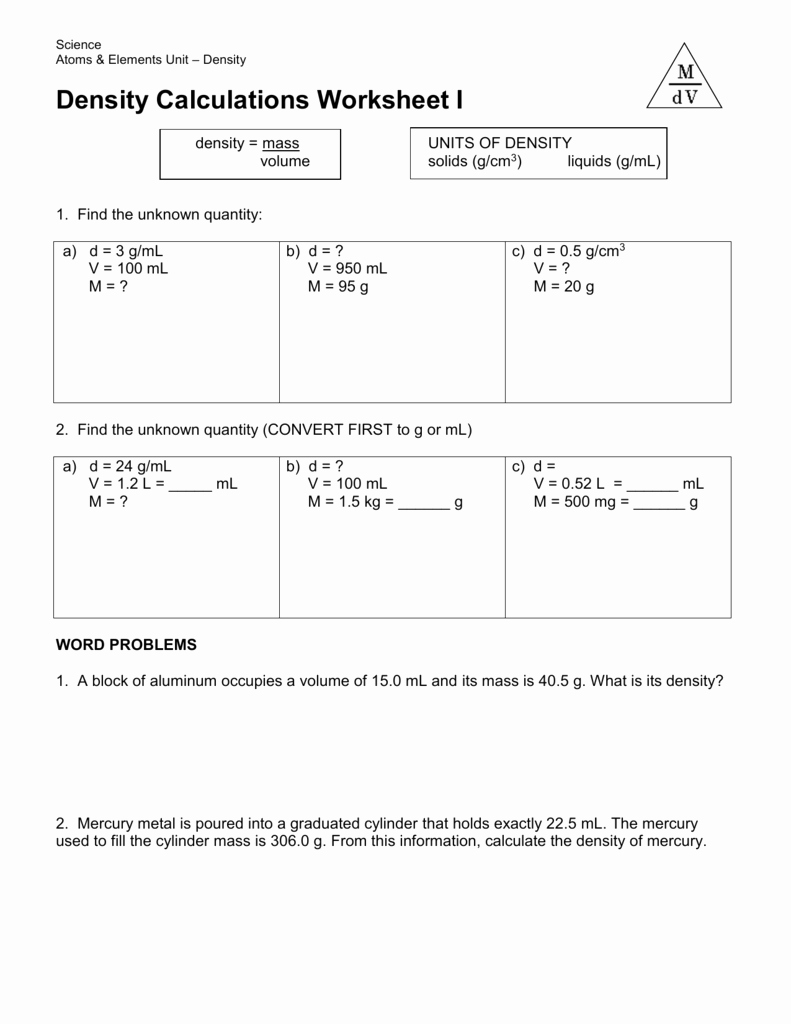 Mass Volume Density Worksheet Unique Density Calculations Worksheet I