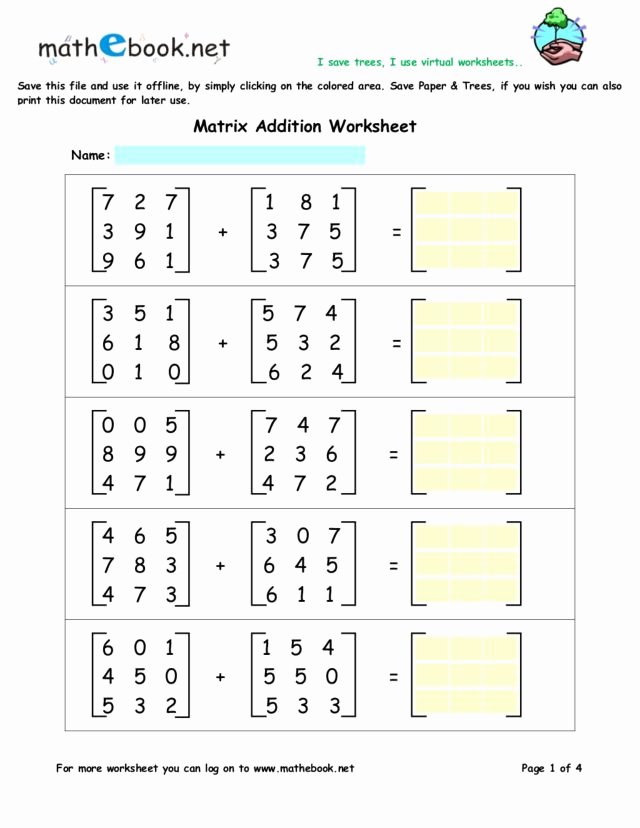 Matrices Word Problems Worksheet