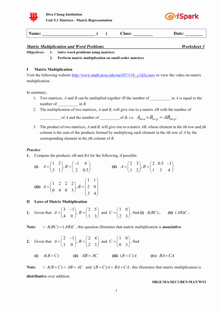 Matrices Word Problems Worksheet Best Of Matrix Multiplication and Word Problems Worksheet 3