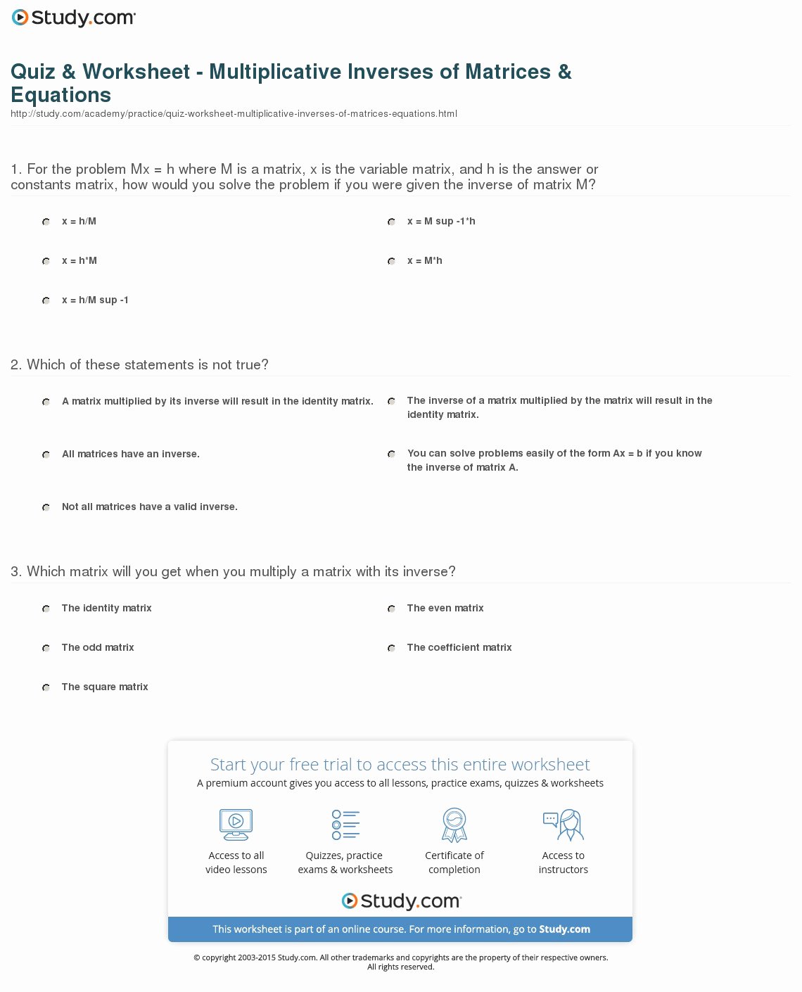 Matrices Word Problems Worksheet Luxury Quiz &amp; Worksheet Multiplicative Inverses Of Matrices