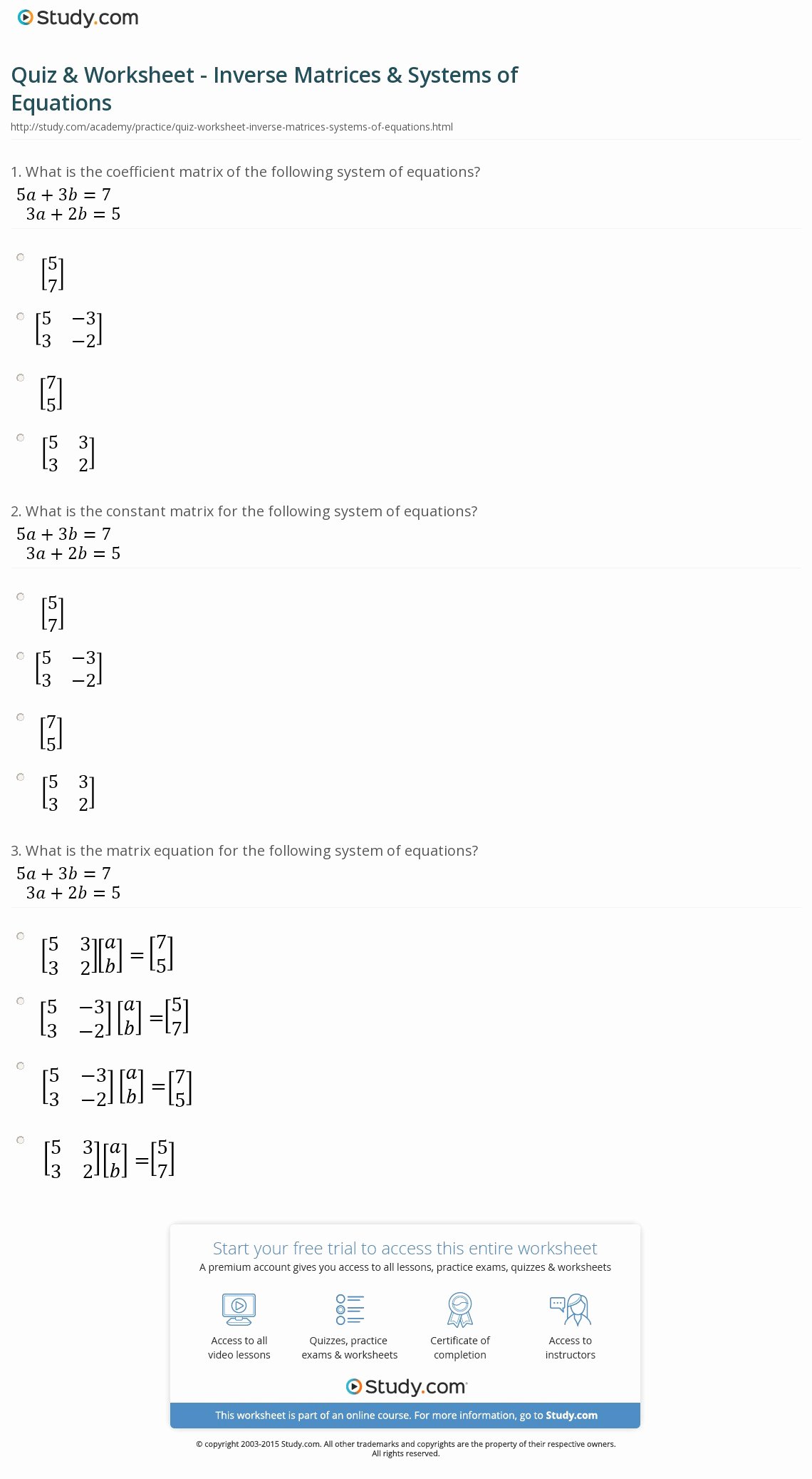 Matrices Word Problems Worksheet Unique Quiz &amp; Worksheet Inverse Matrices &amp; Systems Of Equations