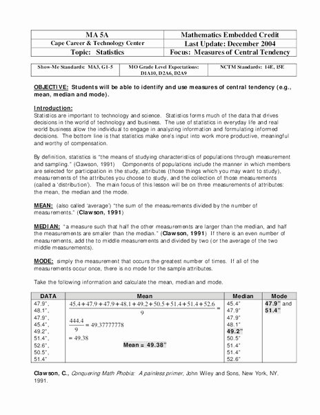 Measures Of Central Tendency Worksheet Awesome Statistics Measures Of Central Tendency Worksheet for 9th