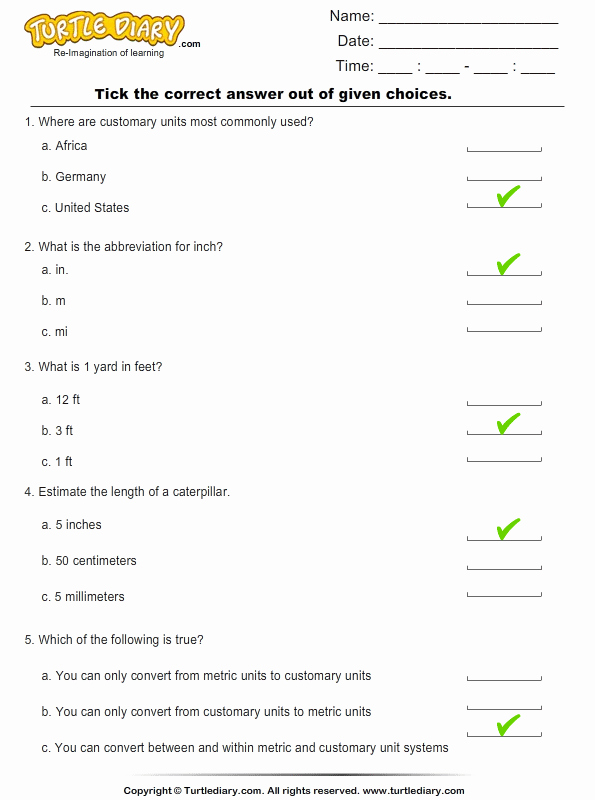 Measuring Units Worksheet Answer Key Awesome Customary Units Of Length Worksheet Turtle Diary