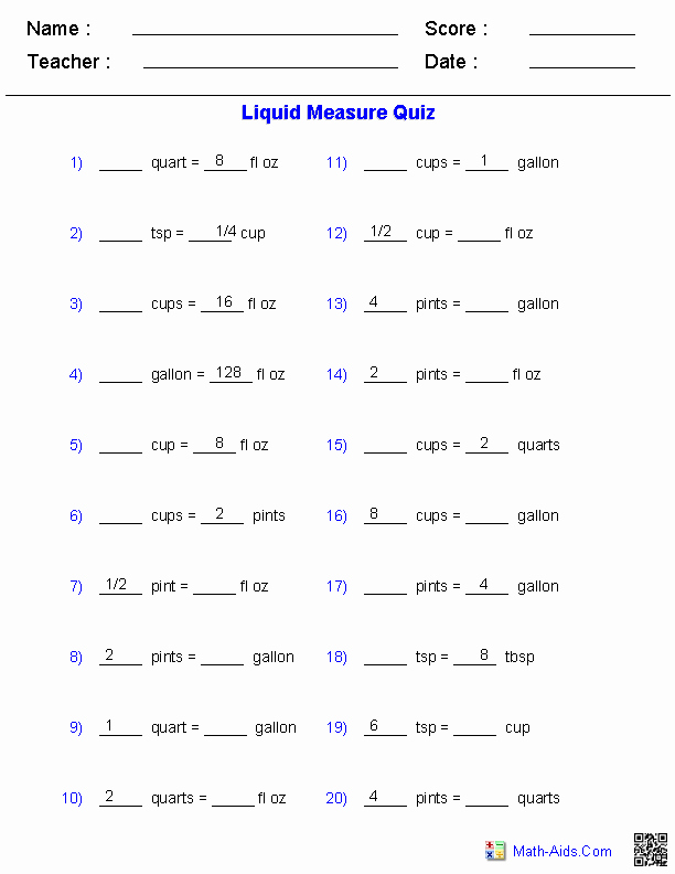 Measuring Units Worksheet Answer Key Best Of Liquid Measure Conversion Quiz Worksheets