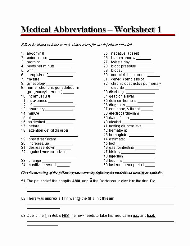 Medical Terminology Abbreviations Worksheet Beautiful Medical Abbreviations – Worksheet 1 Docsbay