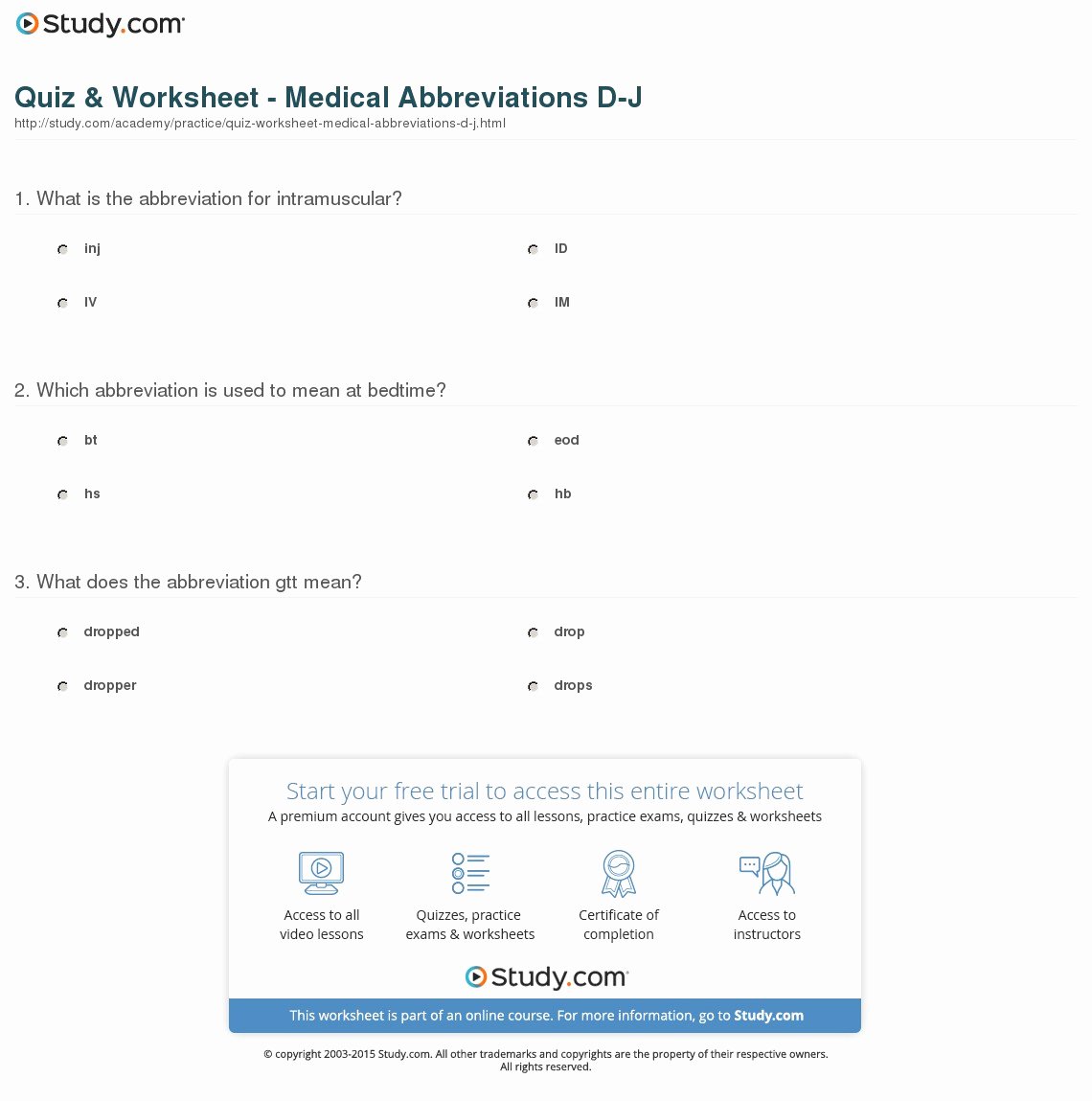 Medical Terminology Abbreviations Worksheet Elegant Quiz &amp; Worksheet Medical Abbreviations D J