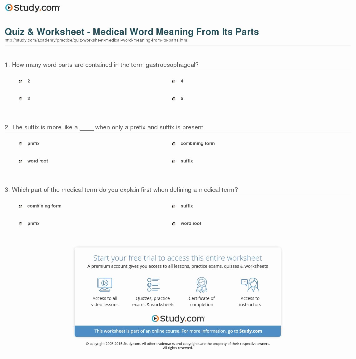 Medical Terminology Prefixes Worksheet Beautiful Quiz &amp; Worksheet Medical Word Meaning From Its Parts
