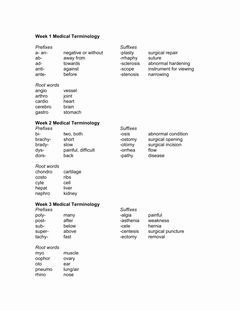 Medical Terminology Prefixes Worksheet Unique Week 1 Medical Terminology Prefixes Suffixes A An