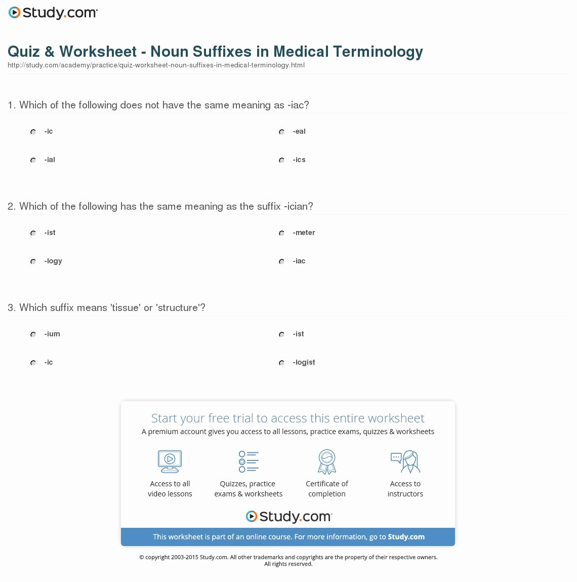 Medical Terminology Suffixes Worksheet Luxury Quiz &amp; Worksheet Noun Suffixes In Medical Terminology