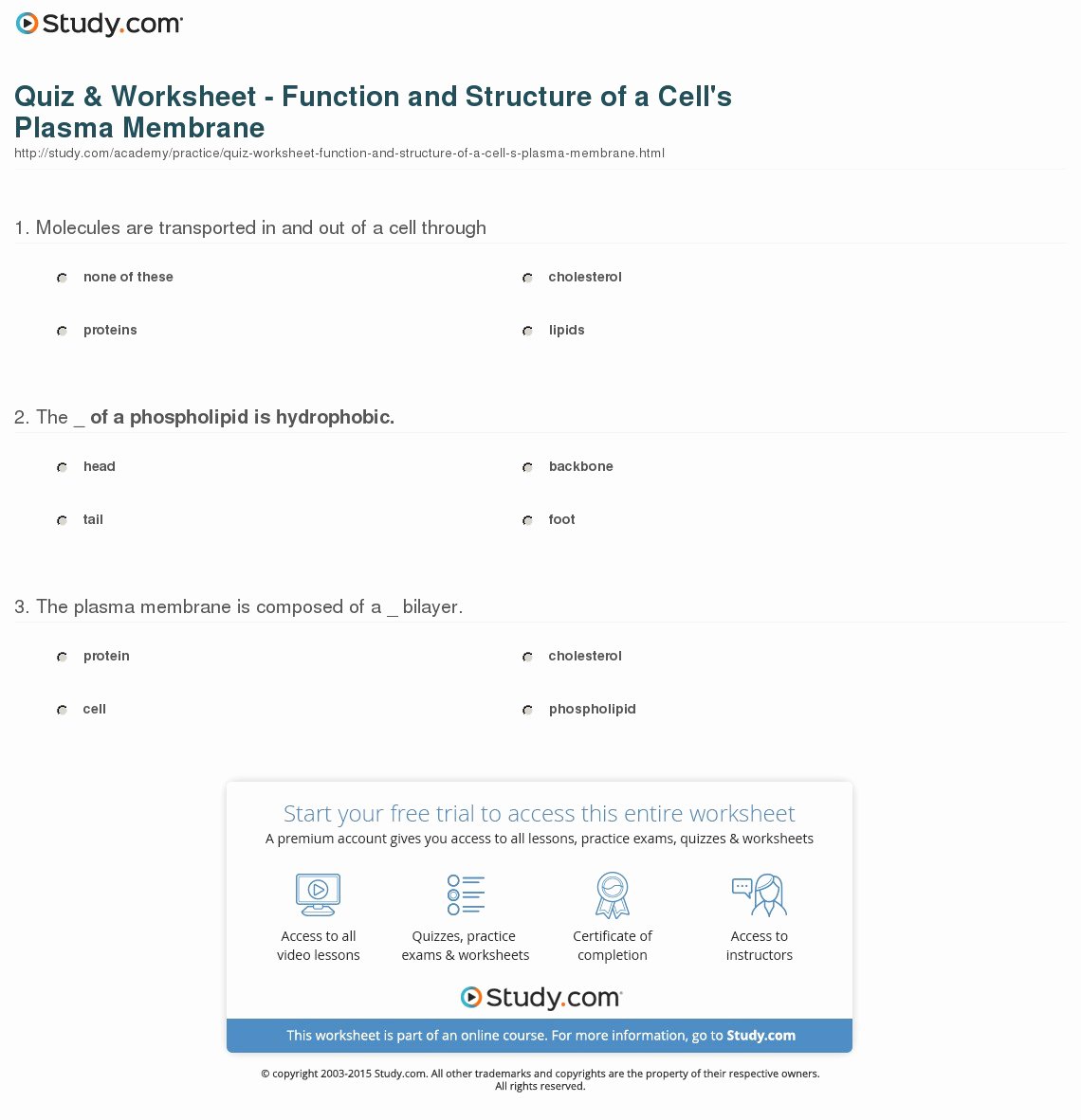 Membrane Structure and Function Worksheet Beautiful Quiz &amp; Worksheet Function and Structure Of A Cell S