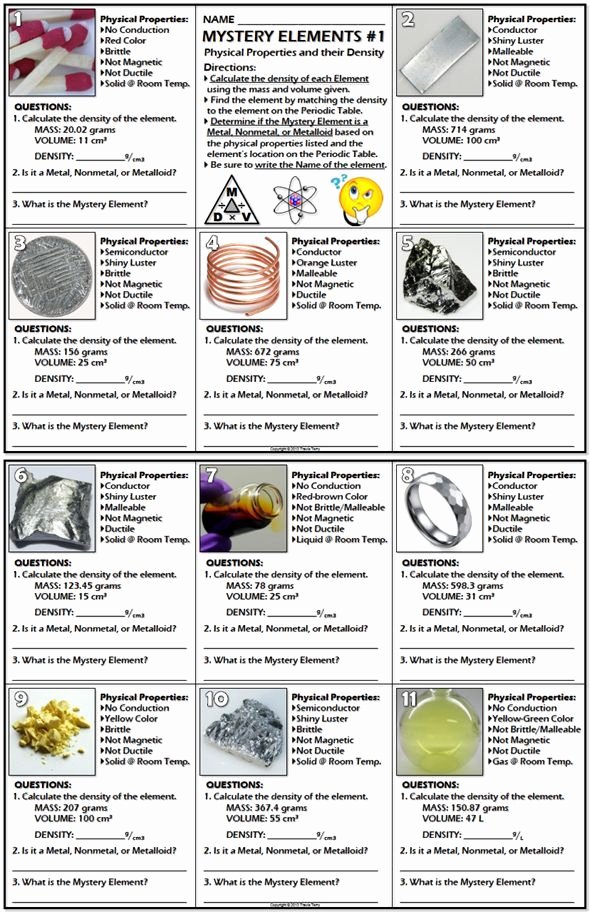 Metals Nonmetals and Metalloids Worksheet Awesome Worksheet Mystery Elements and their Density Version 1