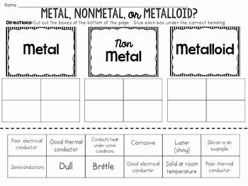 Metals Nonmetals and Metalloids Cut and Paste Sorting Activity