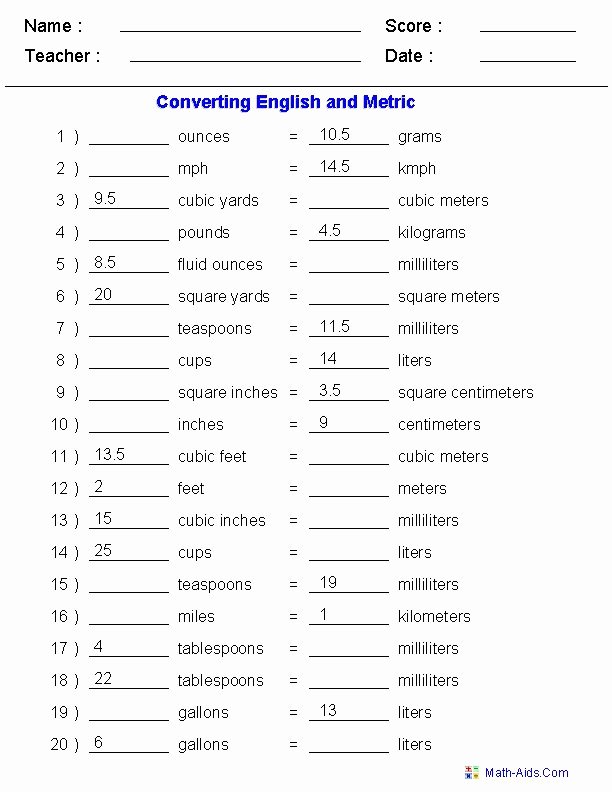Metric Conversion Worksheet Answer Key Inspirational English &amp; Metric Conversion Quiz Worksheets