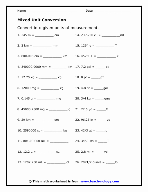 Metric Conversion Worksheet Chemistry Elegant Mixed Unit Conversion Worksheet