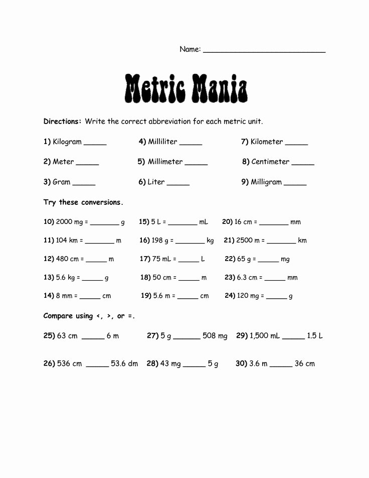 Metric Conversion Worksheet with Answers Awesome Metric System Charts Printables