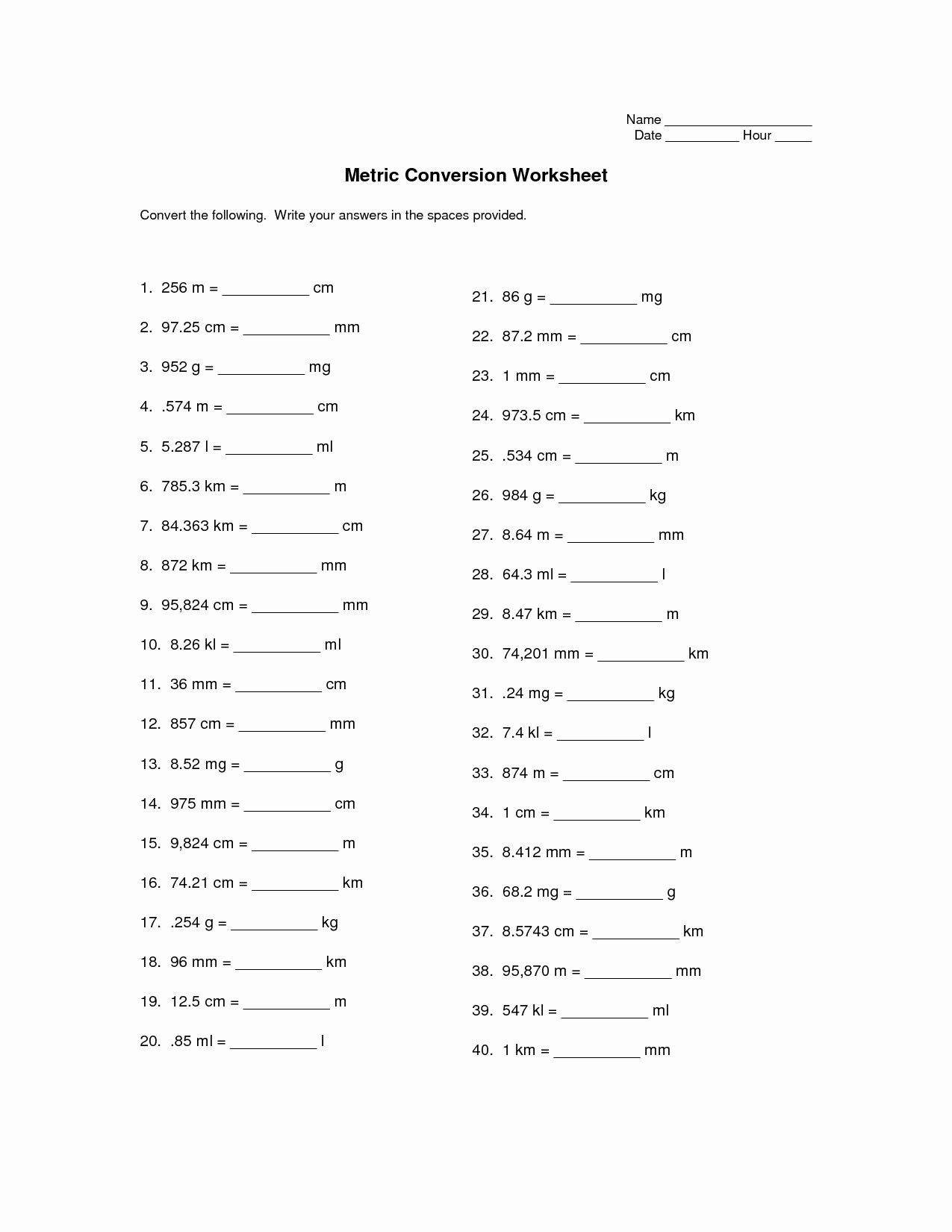 Metric Conversion Worksheet with Answers Fresh 12 Best Of Metric Length Worksheets Metric Unit