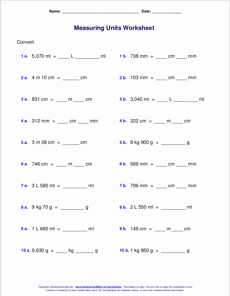 Metric Conversion Worksheet with Answers Fresh Free Grade 3 Measuring Worksheets