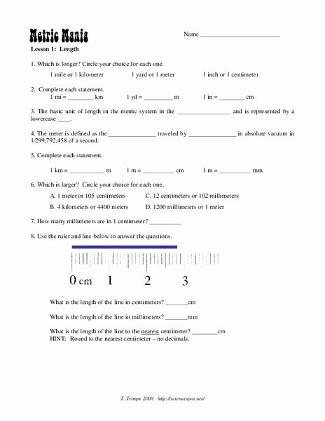 Metric Mania Worksheet Answers Awesome Metric Mania Worksheet for 7th 9th Grade