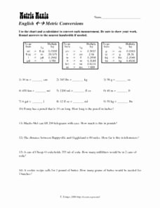 Metric Mania Worksheet Answers Lovely Metric Mania English to Metric Conversions Worksheet for
